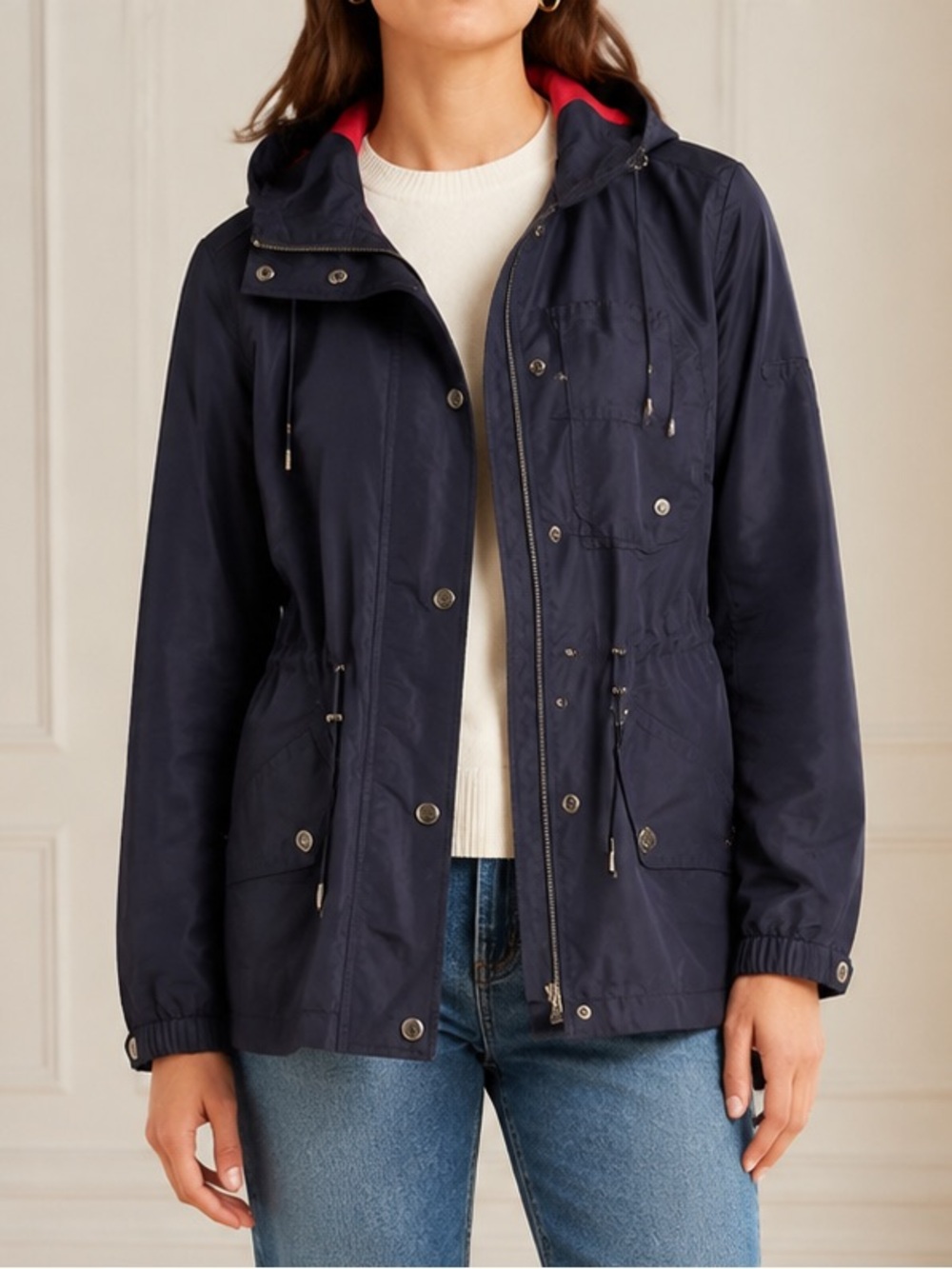 LRL Lauren Ralph Lauren Jacket Medium Navy Red Hooded Lined Nautical Windbreaker